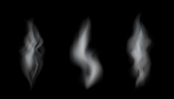 Illustration of white smoke set isolated on black background. Transparent effect. vector
