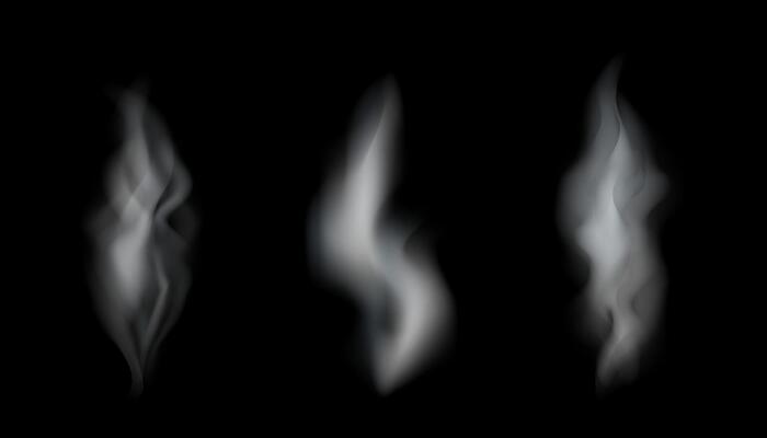 Illustration of white smoke set isolated on black background. Transparent effect.