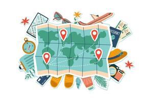 Travel collage. Summer vacation banner. World map with travel dectinations and travel object around isolated on white. vector