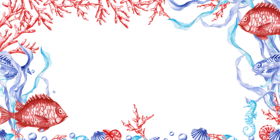 Rectangular frame with fish, corals, seahorse and shells. Isolated illustration on the theme of the underwater world for textile design, holidays with a marine theme, printing, restaurants png