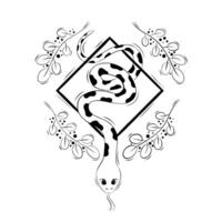 Serpent in Sacred Geometry with Botanical Elements. Illustration in doodle style vector