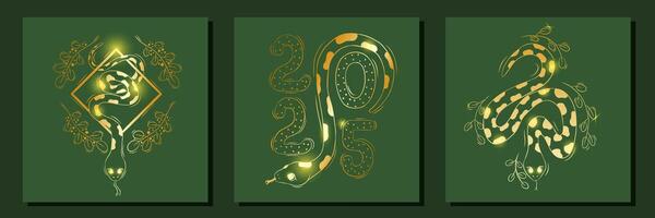 Set of Golden Snake or Serpent in Sacred Geometry with Botanical Elements. Chinese Lunar New Year, symbol of 2025. Illustration vector