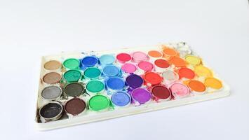 Set with strokes of colorful oil paints on white background, top view photo