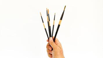 Different brushes with paints on white background photo