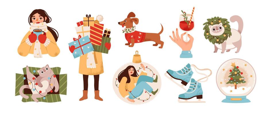 Cozy illustration of a girl in winter clothes, a playful kitten wrapped in a gift and a Christmas tree toy. Christmas tree in a crystal ball and a festive drink. Flat winter set