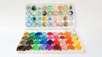 Set with strokes of colorful oil paints on white background, top view photo