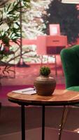 Empty professional psychotherapy office with a modern couch and furniture, creating a cozy safe feeling for customers to open up about their problems. High end luxurious counseling cabinet. video