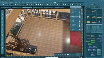 Assets being moved in 3D modeling program by architectural designer in rendered apartment for interior design project. CAD software interface used for making home floor plans and virtual furniture video