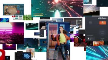 Collage of multimedia social media posts showing concept of internet trends created by influencers. Montage of social network viral videos done by content creators for their online communities
