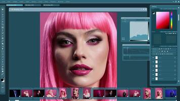 Graphics editor software interface used for professionally retouching woman, adjusting brightness levels. Photograph manipulation UI showing image alteration of model, changing lightning curves video