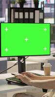 Vertical Developer using multi monitor isolated screen PC to create machine learning models that can process data to automate decision making processes. Woman programming using mockup computer, camera A video
