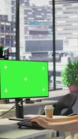 Vertical Developer using multi monitor isolated screen PC to create machine learning models that can process data to automate decision making processes. Woman programming using mockup computer, camera B video