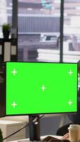 Vertical Admin doing software debugging on green screen PC, asking for help from coworker, checking errors in code. Worker fixing coding mistakes on mockup computer, being assisted by colleague, camera A video