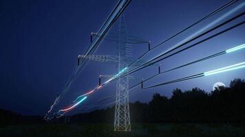 Visualization of fast moving energy travelling through power pole wires over night sky. AR data of interconnected electrical grid network delivering electricity to households, 3d render animation video