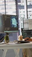 Vertical Manager discussing with employees in office, developing artificial intelligence machine learning APIs. Team leader doing brainstorming with workers, training AI predictive models, camera A video