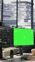 Vertical Admin using multi monitor green screen PC to create machine learning models that can process data to automate decision making processes. Woman programming using chroma key computer video