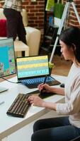 Vertical Freelance designer works on a photo editing project in a remote office, using advanced design software. Home workspace promotes creativity and innovation for online work. Camera A. video
