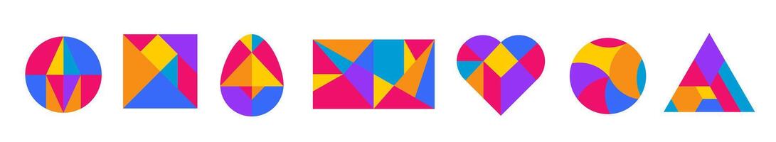 Tangram game set of colorful objects for logic game in cartoon style. vector