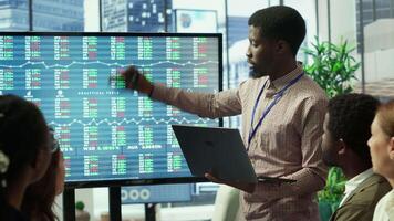 Business associates collaborating at the conference table in boardroom, utilizing smart technology and monthly statistics to present analysis of market trends and economic forecasts. Camera A. video