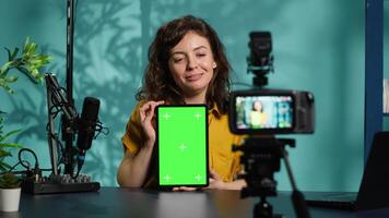 Woman filming tech tutorial on how to repair damaged mockup tablet using professional camera. Engineer teaching fans to install operating system on green screen device, recording with gear, camera A video