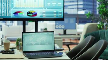 Empty modern office setup with advanced technology enhances productivity, helping professionals focus on financial strategies, performance metrics and global business objectives. video