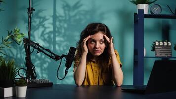 Influencer feeling angry, sharing concerning story during social media , talking to fans. Frustrated content creator talks with viewers, having mental breakdown in front of subscribers, camera B video