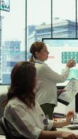 Vertical Investor and associates participate in advisory board meeting to review financial reports, evaluating investment opportunities. Creating fruitful strategy for future enterprise development. Camera B. video