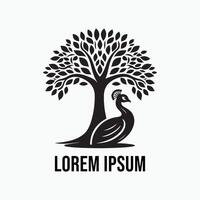 A black and white logo for a tree with a bird on it vector