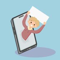 a man holding up a paper in a phone vector