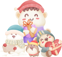 Cute baby, teddy bear, snowman and reindeer in christmas day watercolour element png