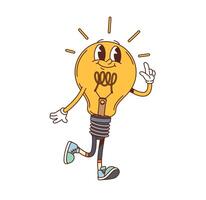 Groovy light bulb character with pointing finger vector