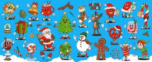 Retro cartoon groovy Christmas characters vector