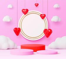 3d podium with hanging red hearts and clouds vector