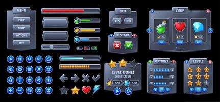 Metal game interface, game ui assets and icons set vector