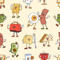 Groovy breakfast characters seamless pattern vector