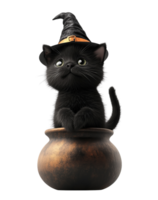 A mischievous black kitten, wearing a pointed witch's hat, peeks out from a cauldron, isolated on a transparent background. png
