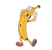 Cartoon groovy banana character with happy face vector