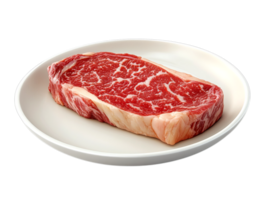 A thick, marbled steak, likely a prime cut, rests on a white plate, ready for grilling or pan-frying. png