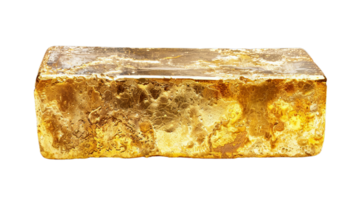 A gleaming gold ingot, with a rough, textured surface and a slightly irregular shape, is isolated on a transparent background. png