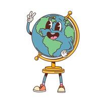 Groovy school globe character flashing peace sign vector