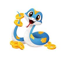 Cartoon snake character surrounded by gold coins vector