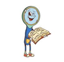 Groovy magnifying glass character reading textbook vector