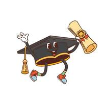 Groovy student graduation cap, retro character vector