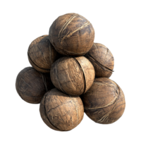 A pyramid of ten whole coconuts, with varying shades of brown and textures, creates a unique and natural display. png