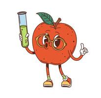 Groovy red apple character in eyeglasses and flask vector