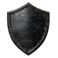 A weathered, black metal shield with a golden border, reminiscent of medieval armor, is isolated on a transparent background. png