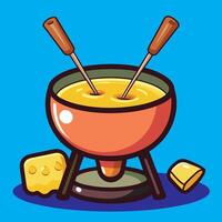 Fondue with cheese and wooden sticks on blue background vector