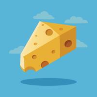Cheese slice flying in the air with clouds vector