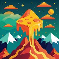 A cartoon illustration of a mountain with a pizza on top vector
