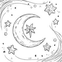 A drawing of a crescent and stars vector